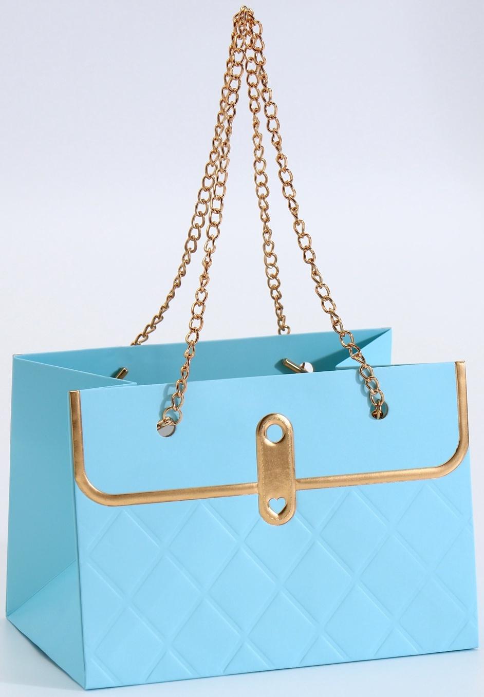 Пакет переноска для цветов, ручка цепь, «Лазурный», с золотым тиснением, 15×10.5×10 см