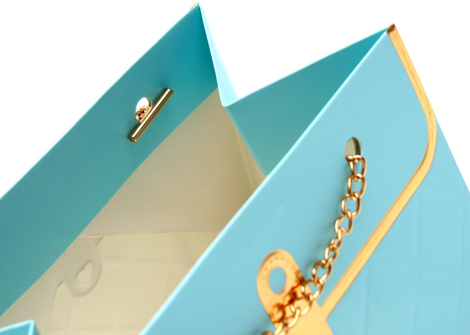 Пакет переноска для цветов, ручка цепь, «Лазурный», с золотым тиснением, 15×10.5×10 см