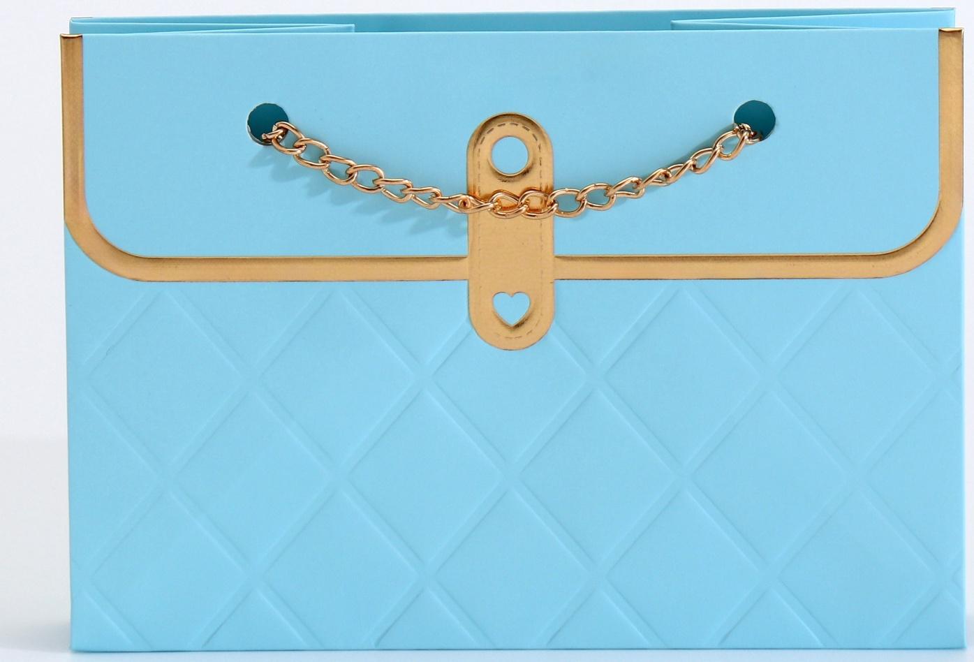 Пакет переноска для цветов, ручка цепь, «Лазурный», с золотым тиснением, 15×10.5×10 см