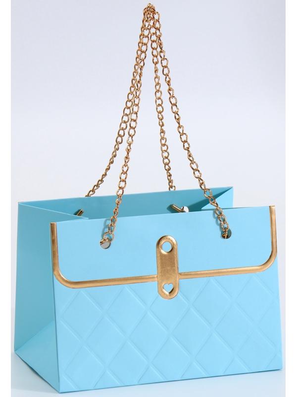 Пакет переноска для цветов, ручка цепь, «Лазурный», с золотым тиснением, 15×10.5×10 см