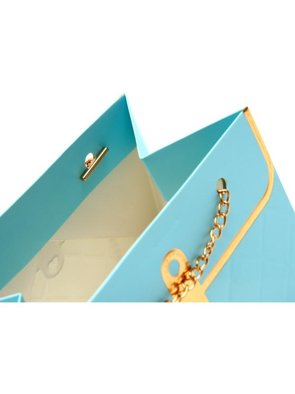 Пакет переноска для цветов, ручка цепь, «Лазурный», с золотым тиснением, 15×10.5×10 см