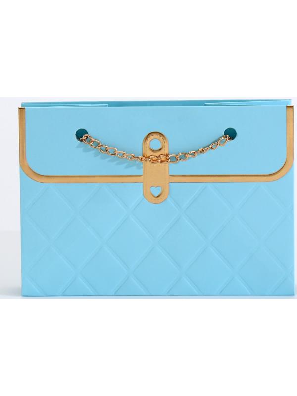 Пакет переноска для цветов, ручка цепь, «Лазурный», с золотым тиснением, 15×10.5×10 см