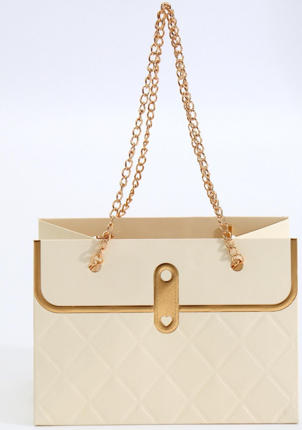 Пакет переноска для цветов, ручка цепь, «Кремовый», с золотым тиснением, 15×10.5×10 см