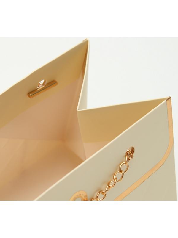 Пакет переноска для цветов, ручка цепь, «Кремовый», с золотым тиснением, 15×10.5×10 см