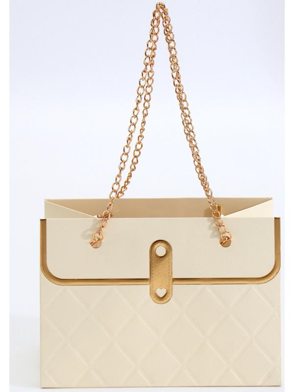 Пакет переноска для цветов, ручка цепь, «Кремовый», с золотым тиснением, 15×10.5×10 см