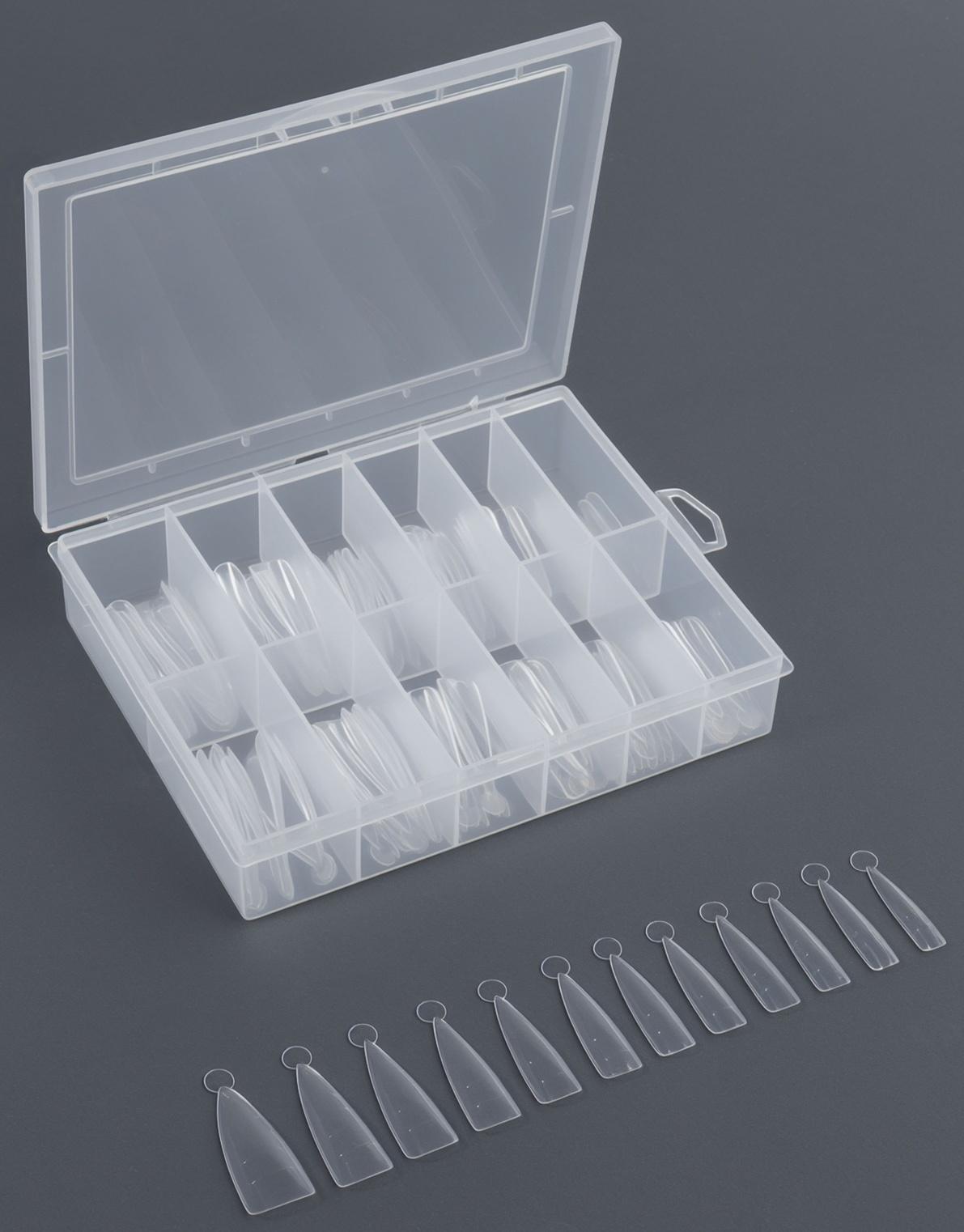 Верхние формы для наращивания в контейнере, 120 шт, миндаль, прозрачные