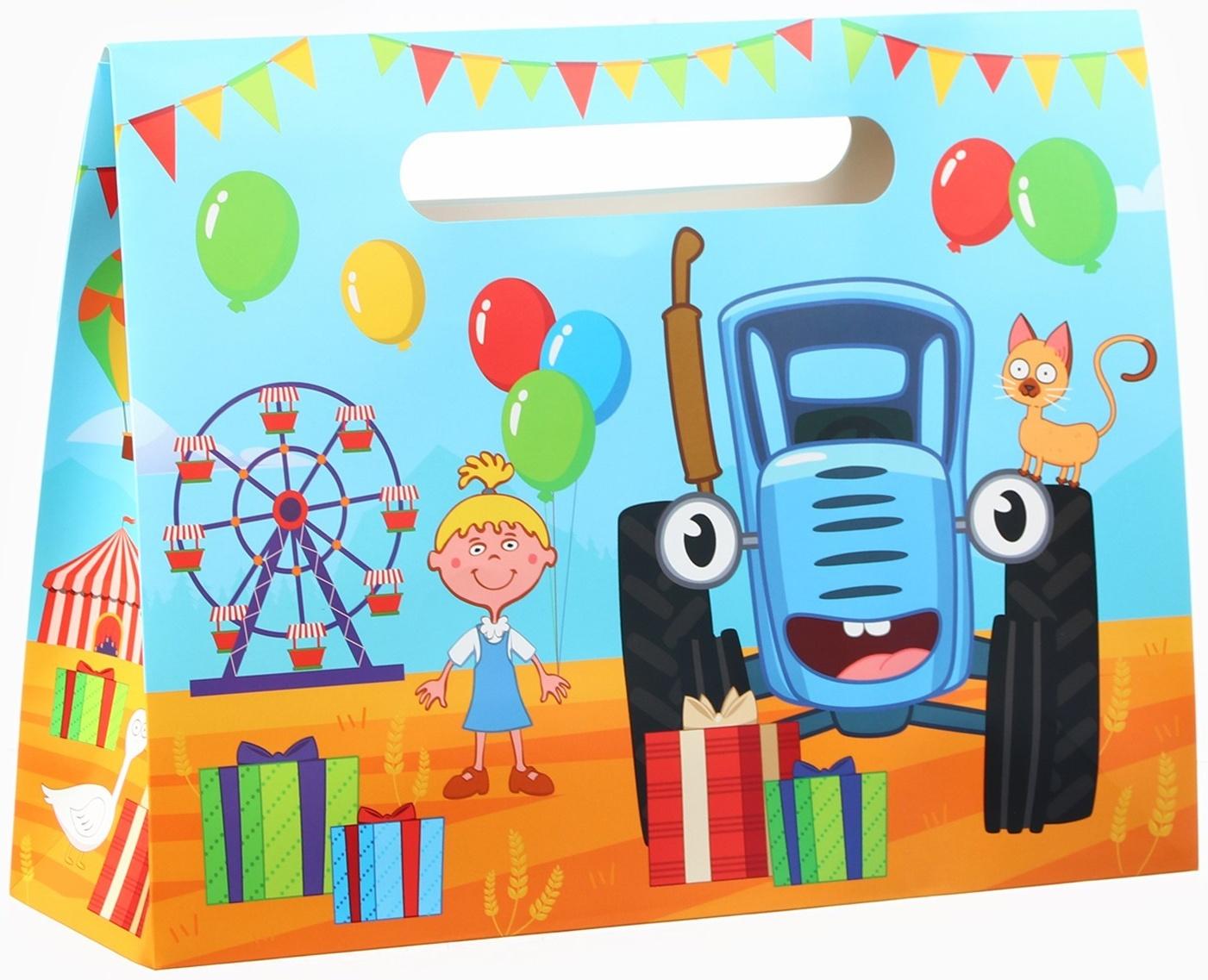 Пакет подарочный-коробка для подарка, Синий трактор, 40х30х12 см