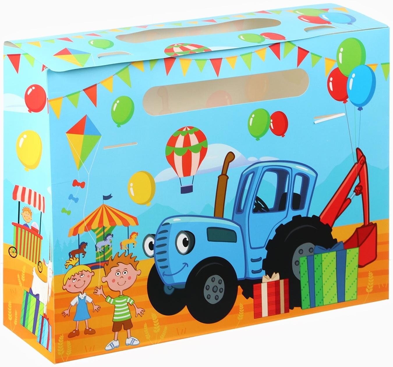 Пакет подарочный-коробка для подарка, Синий трактор, 40х30х12 см