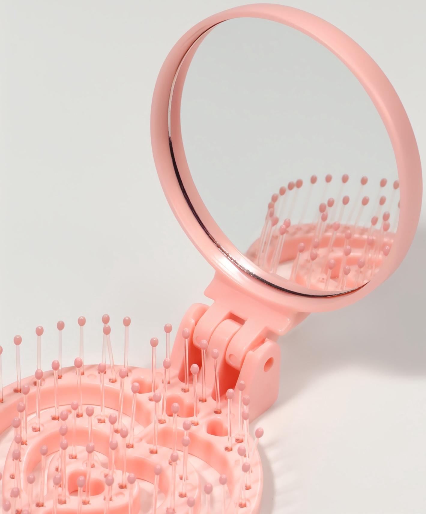 Расчёска массажная, складная, с зеркалом, d = 6,6 см, цвет розовый