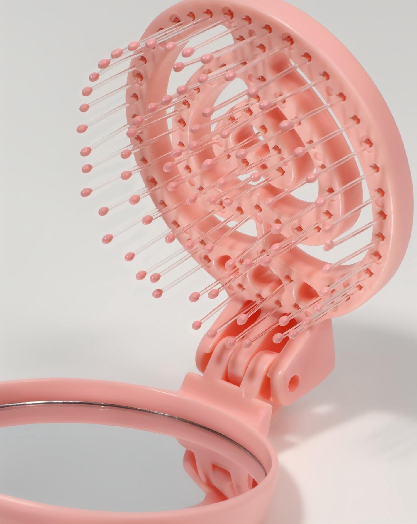 Расчёска массажная, складная, с зеркалом, d = 6,6 см, цвет розовый