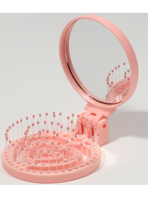 Расчёска массажная, складная, с зеркалом, d = 6,6 см, цвет розовый