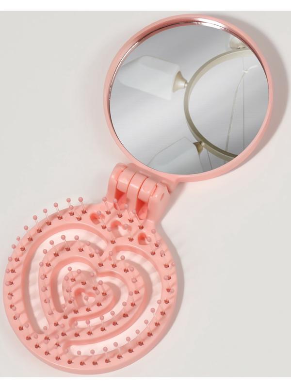 Расчёска массажная, складная, с зеркалом, d = 6,6 см, цвет розовый