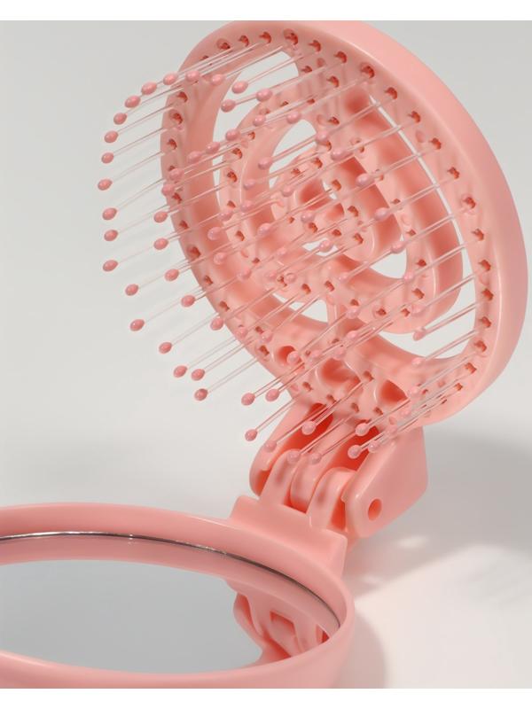 Расчёска массажная, складная, с зеркалом, d = 6,6 см, цвет розовый