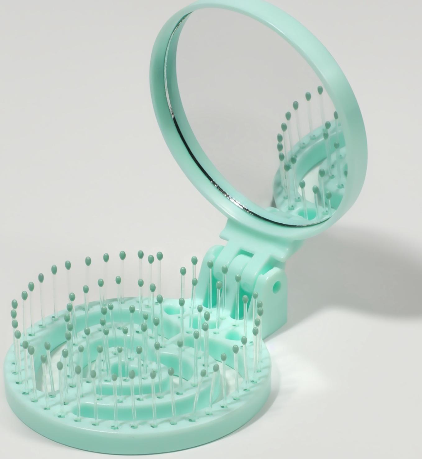 Расчёска массажная, складная, с зеркалом, d = 6,6 см, цвет зелёный