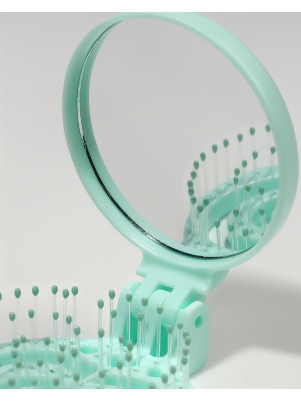 Расчёска массажная, складная, с зеркалом, d = 6,6 см, цвет зелёный