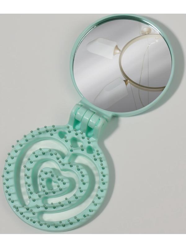 Расчёска массажная, складная, с зеркалом, d = 6,6 см, цвет зелёный