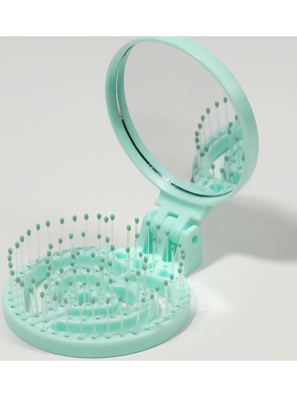 Расчёска массажная, складная, с зеркалом, d = 6,6 см, цвет зелёный