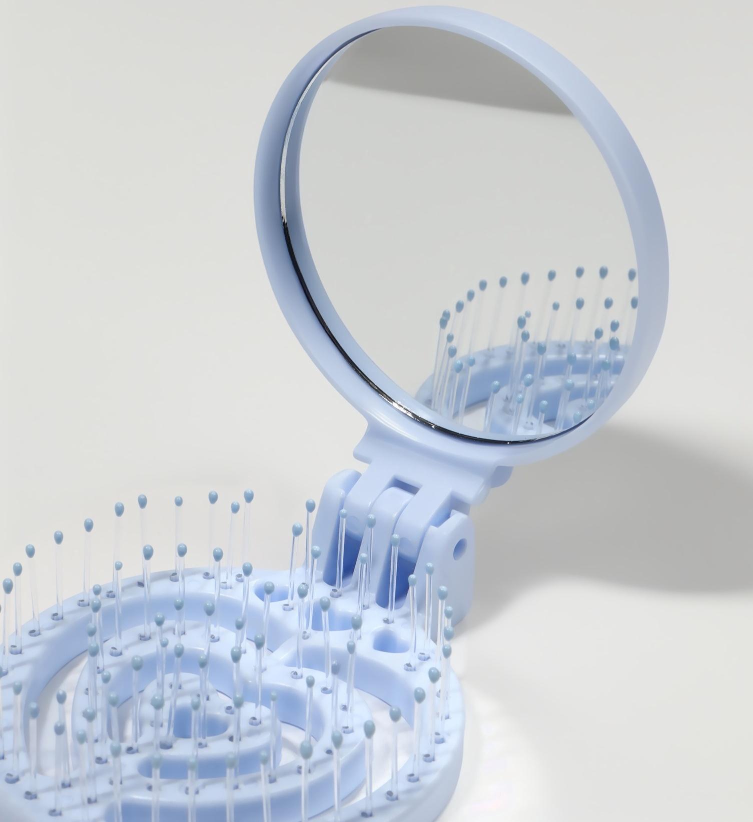 Расчёска массажная, складная, с зеркалом, d = 6,6 см, цвет голубой