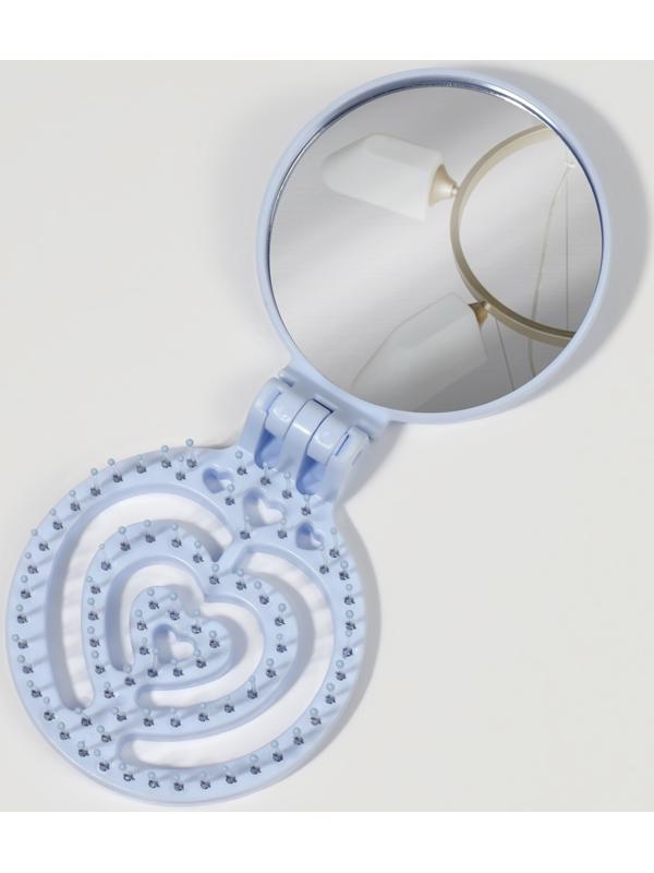 Расчёска массажная, складная, с зеркалом, d = 6,6 см, цвет голубой