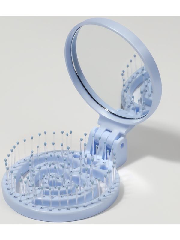 Расчёска массажная, складная, с зеркалом, d = 6,6 см, цвет голубой