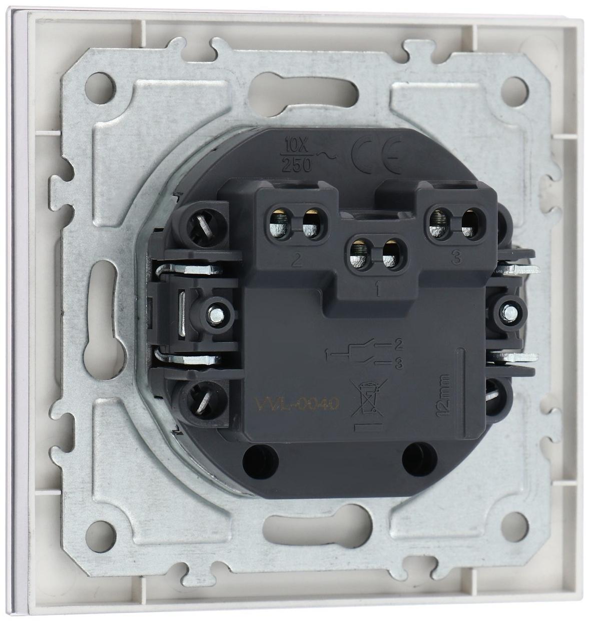 Выключатель TOT Glossy Glass, 10 А, 2 клавиши, скрытый, стекло, серебристый