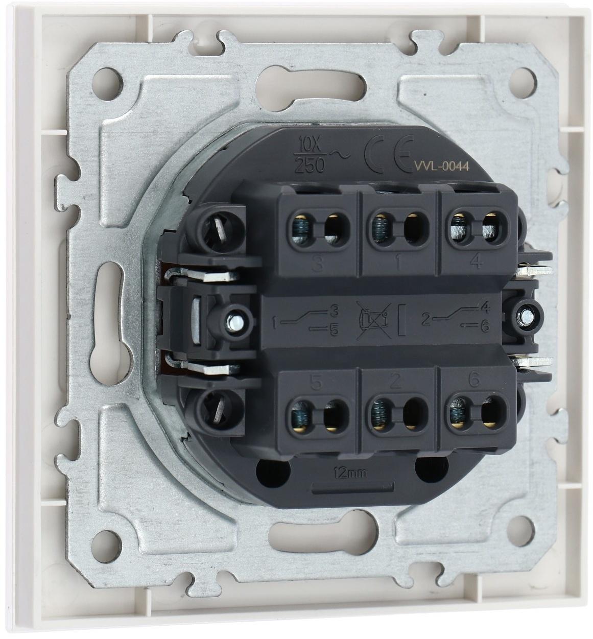 Выключатель проходной TOT Glossy Glass, 10 А, 2 клавиши, скрытый, стекло, белый