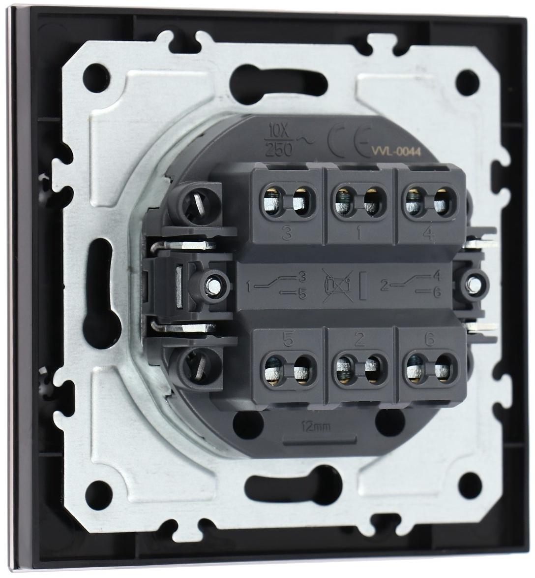 Выключатель проходной TOT Glossy Glass, 10 А, 2 клавиши, скрытый, стекло, черный