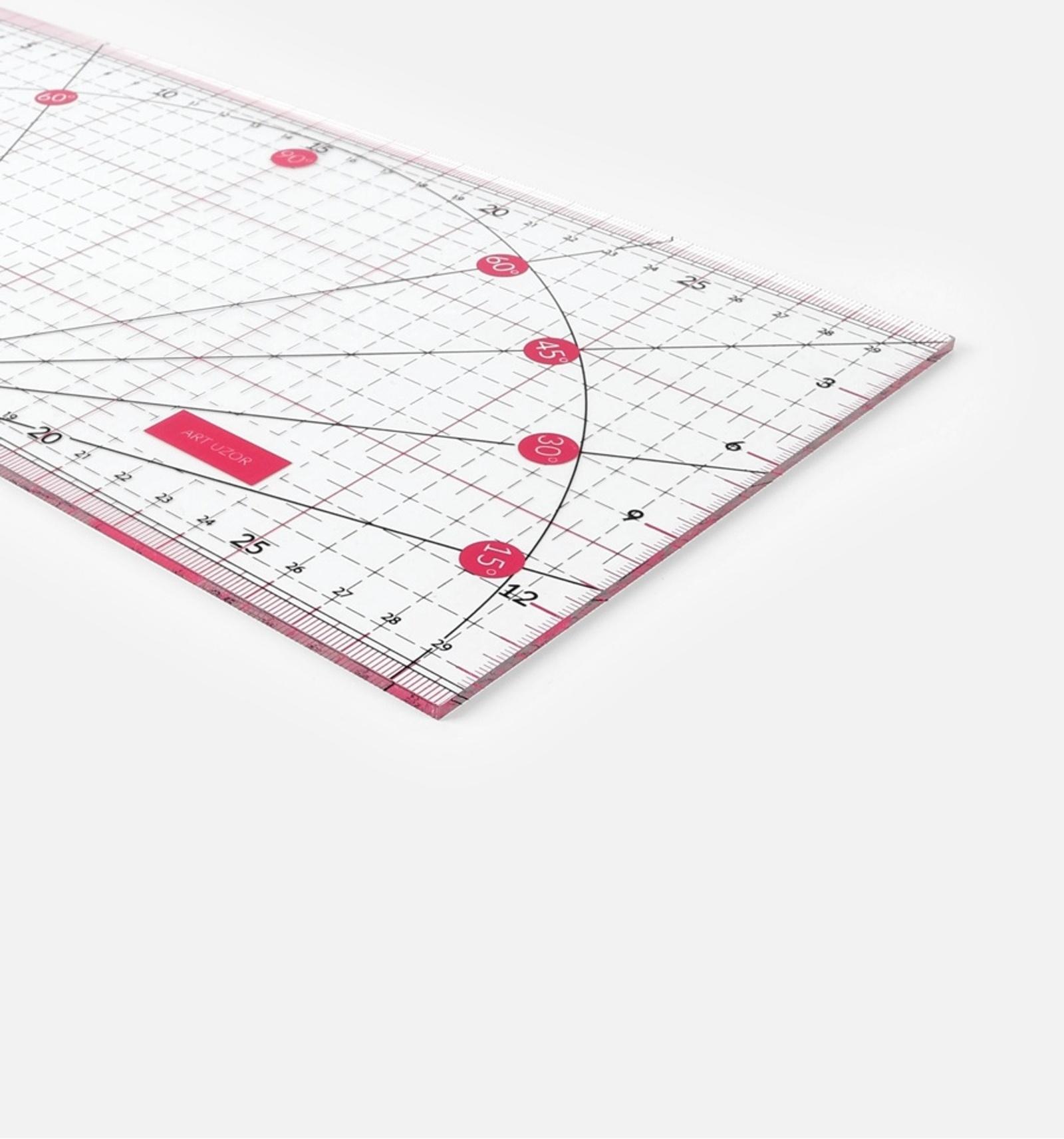 Линейка для квилтинга и пэчворка, с транспортиром, 30 × 15 см, цвет прозрачный/розовый