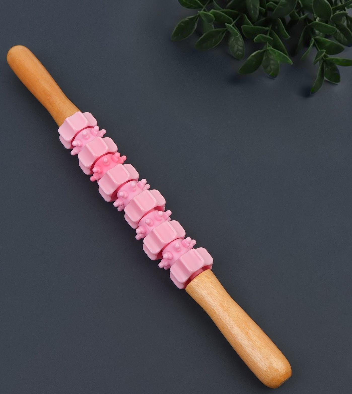 Массажёр «Скалка», универсальный, 37.5×4 см, деревянный, 11 колёс, розовый