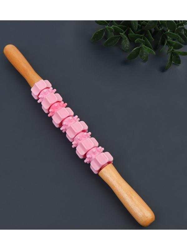 Массажёр «Скалка», универсальный, 37.5×4 см, деревянный, 11 колёс, розовый