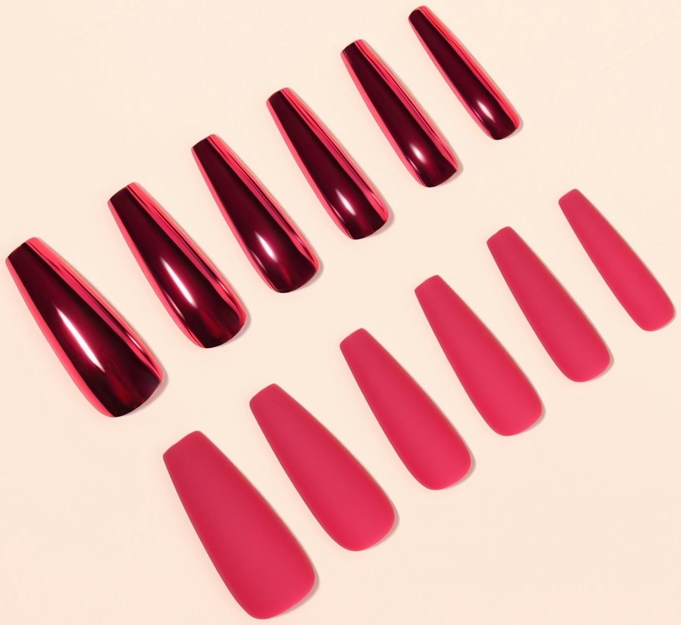 Накладные ногти, 12 шт, с клеевыми пластинами, форма балерина, матовый/хромированный, цвет бордовый/красный