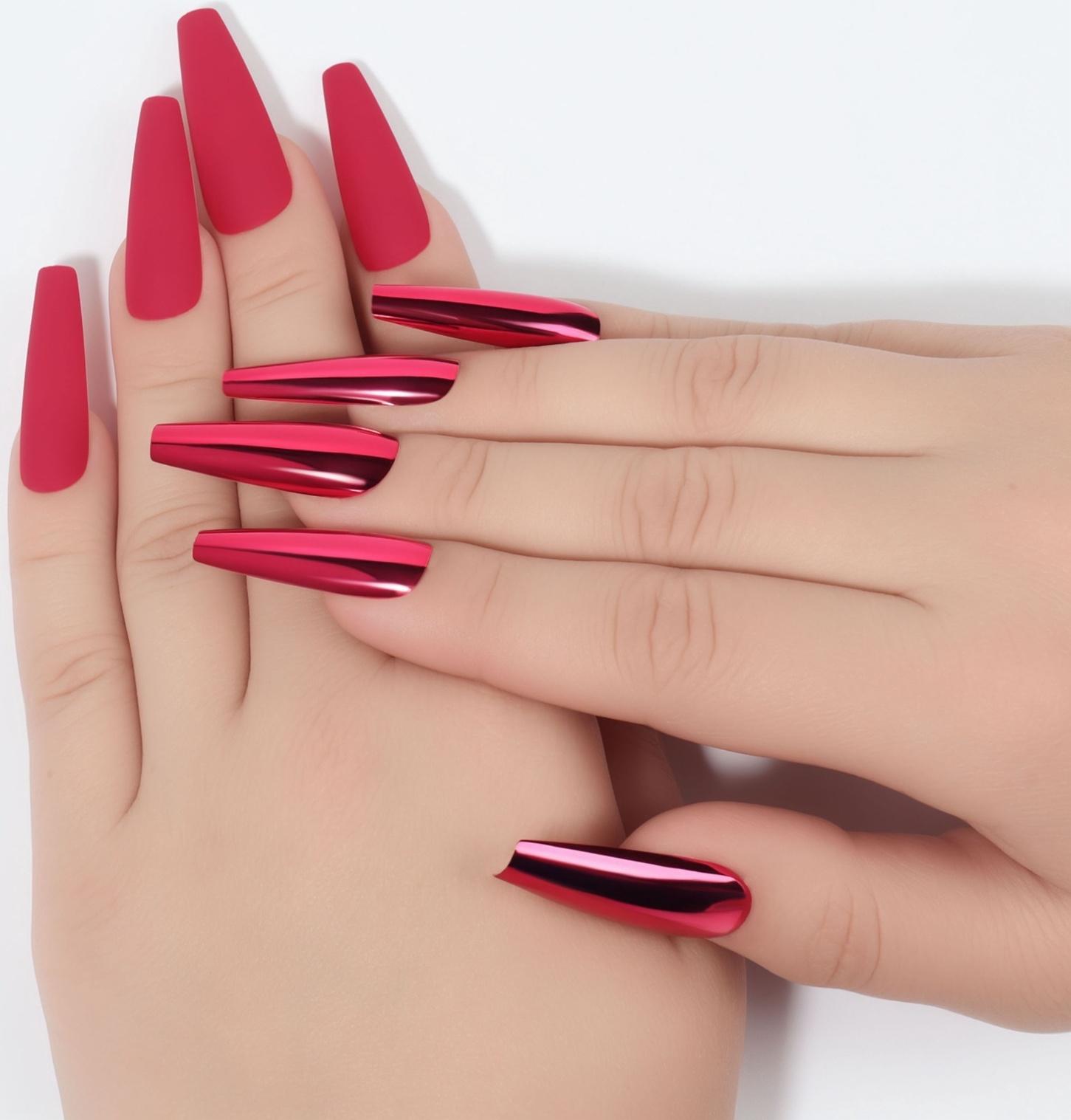 Накладные ногти, 12 шт, с клеевыми пластинами, форма балерина, матовый/хромированный, цвет бордовый/красный