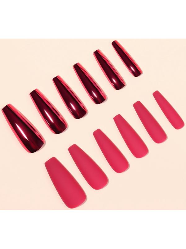 Накладные ногти, 12 шт, с клеевыми пластинами, форма балерина, матовый/хромированный, цвет бордовый/красный