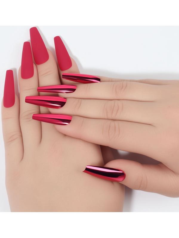 Накладные ногти, 12 шт, с клеевыми пластинами, форма балерина, матовый/хромированный, цвет бордовый/красный