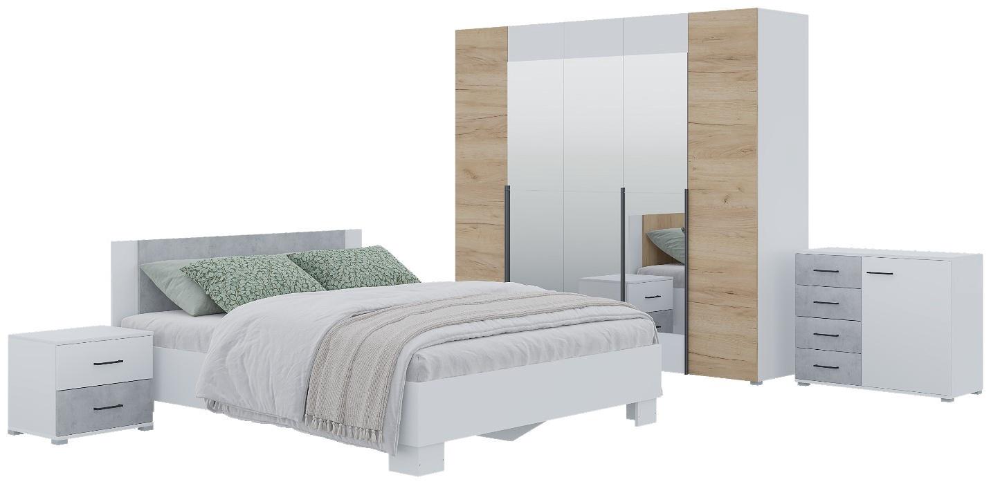 Спальный гарнитур «Бостон», шкаф 2000 мм, кровать 1600 мм, комод, 2 тумбы, белый/дуб золотой/бетон