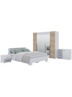 Спальный гарнитур «Бостон», шкаф 2000 мм, кровать 1600 мм, комод, 2 тумбы, белый/дуб золотой/бетон