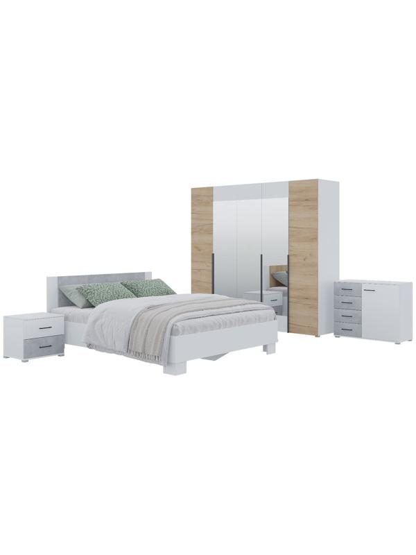 Спальный гарнитур «Бостон», шкаф 2000 мм, кровать 1600 мм, комод, 2 тумбы, белый/дуб золотой/бетон