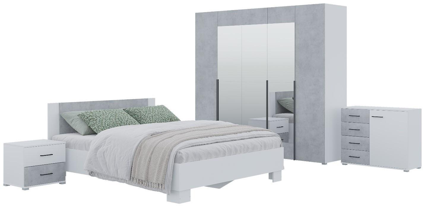 Спальный гарнитур Бостон, Кровать 1600, Комод, 2 тумбы, Шкаф 2000, Белый/Бетон