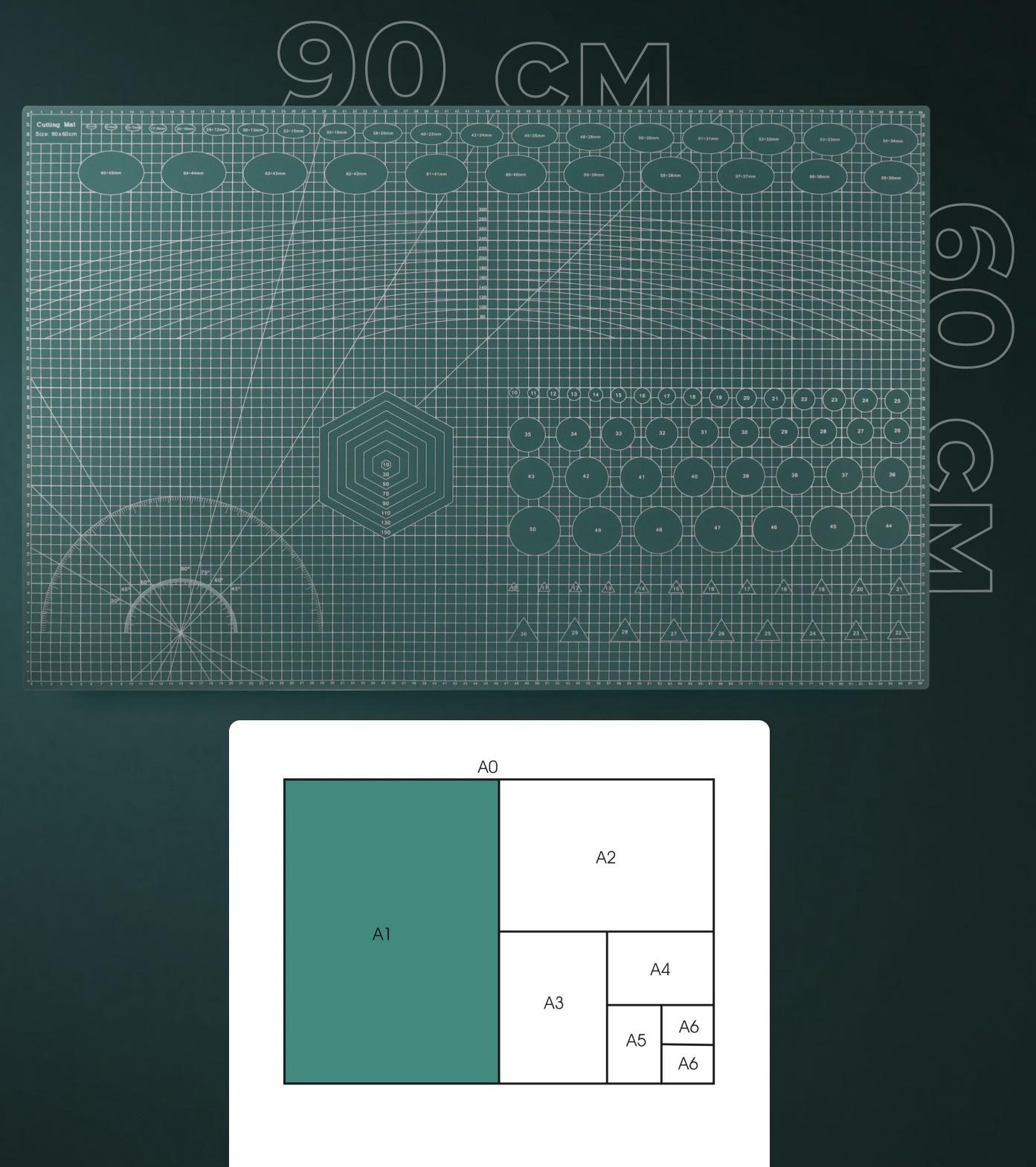 Мат для резки, трёхслойный, 90×60 см, А1, зелёный