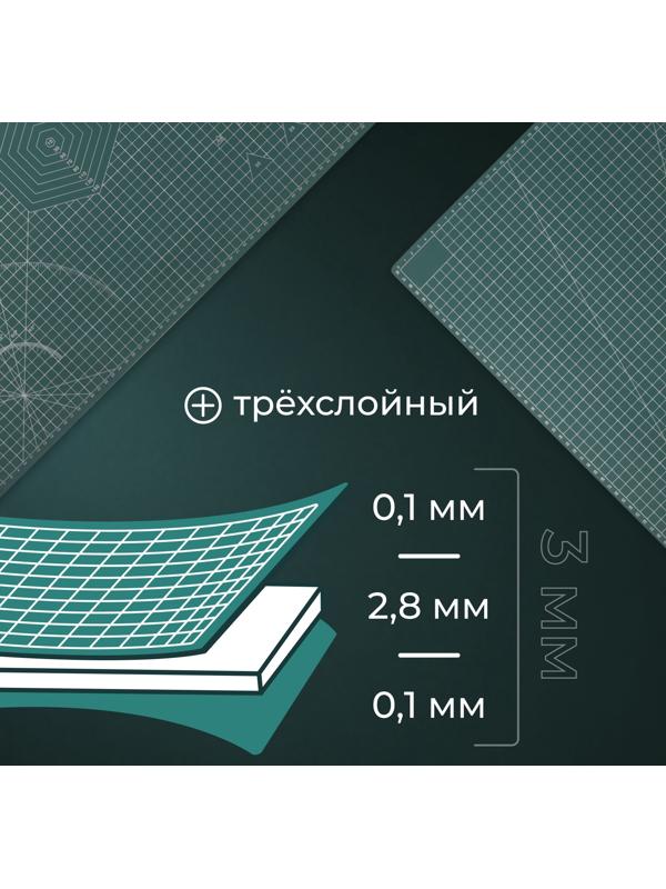 Мат для резки, трёхслойный, 90×60 см, А1, зелёный