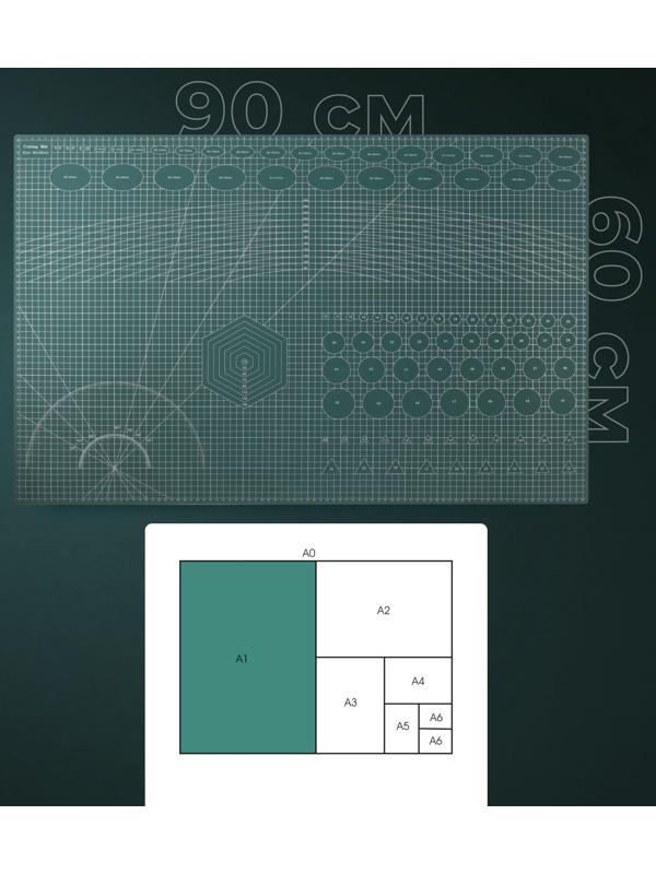 Мат для резки, трёхслойный, 90×60 см, А1, зелёный