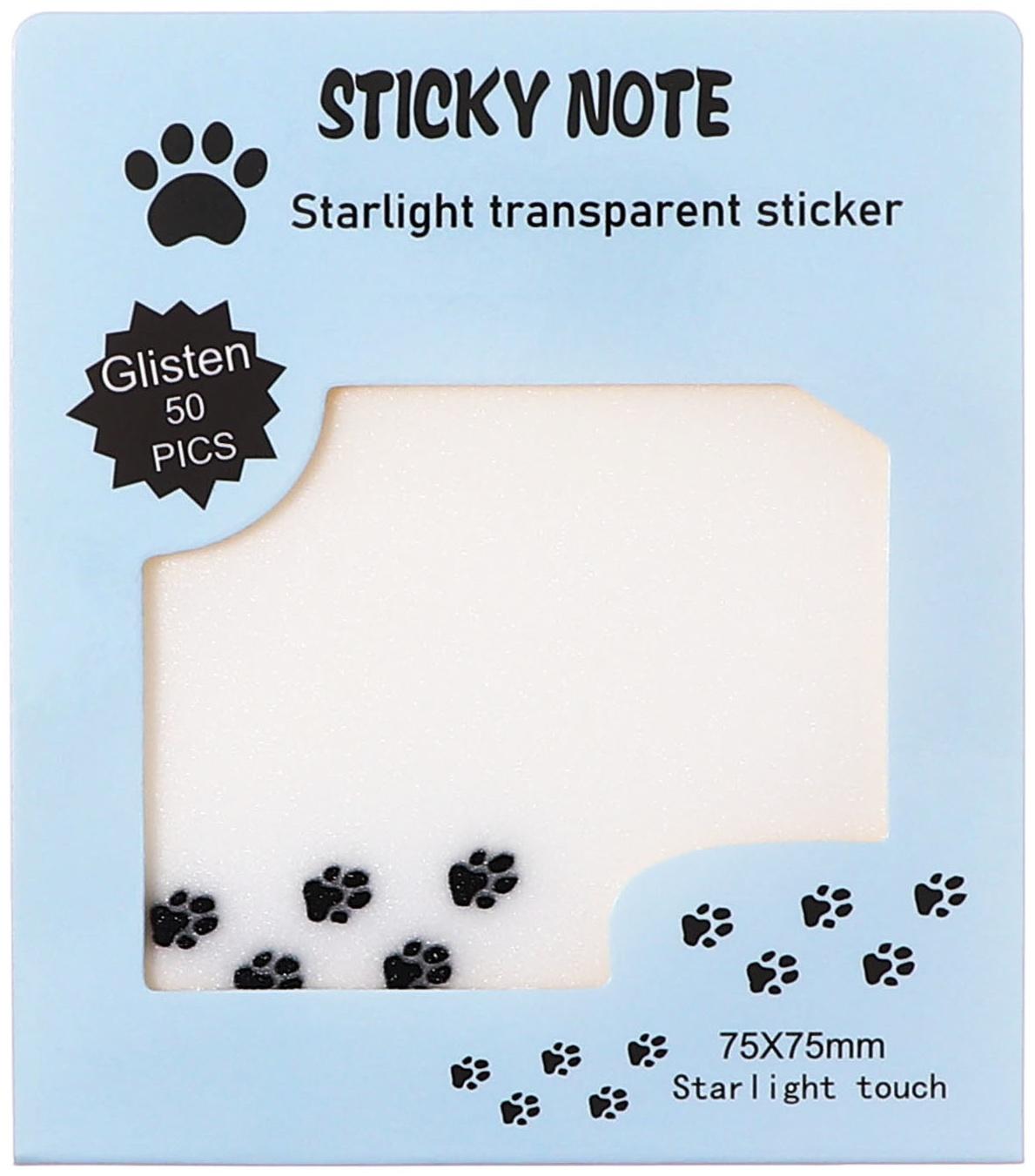 Блок с липким краем 75мм х 75мм 50л пластик прозрачные с блестками Лапки