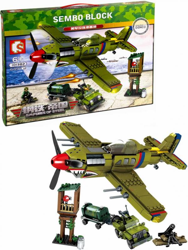 Конструктор Sembo Block «Перл-Харбор: Военный самолет, машина, вышка» 101382 / 649 деталей