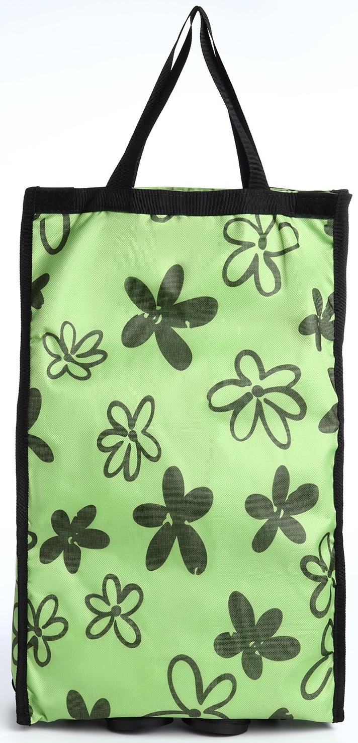 Сумка хозяйственная складная на липучке, 2 колеса, наружный карман, цвет зелёный