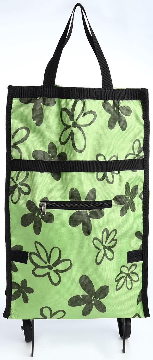Сумка хозяйственная складная на липучке, 2 колеса, наружный карман, цвет зелёный