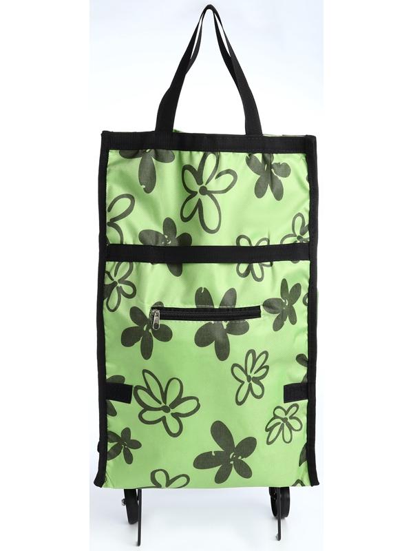Сумка хозяйственная складная на липучке, 2 колеса, наружный карман, цвет зелёный