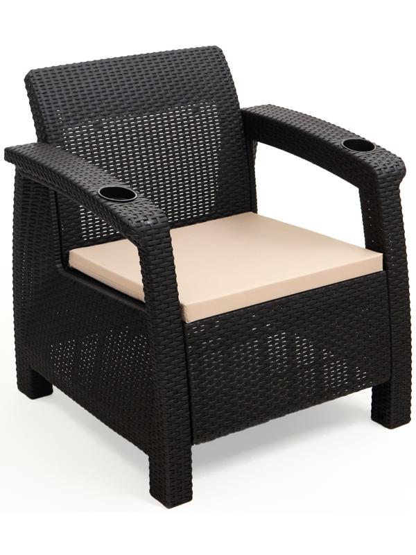 Набор садовой мебели: два кресла и стол, с подушками, мокко