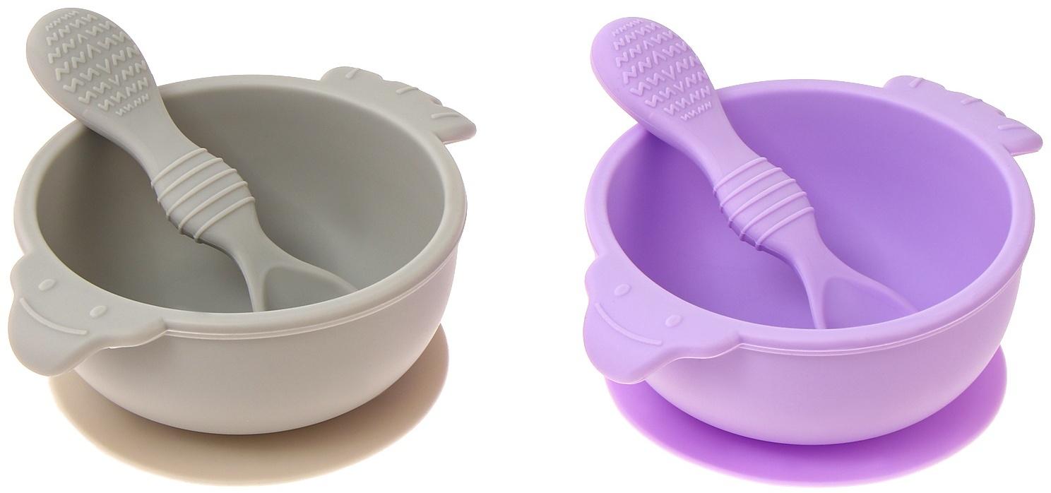 Тарелка детская на присоске с ложкой, силиконовая, МИКС