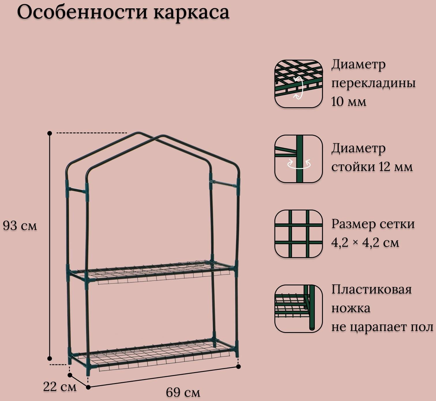 Парник-стеллаж, 2 полки, 93×22×69 см, металлический каркас d=12 мм, чехол плёнка 80 мкм, Greengo