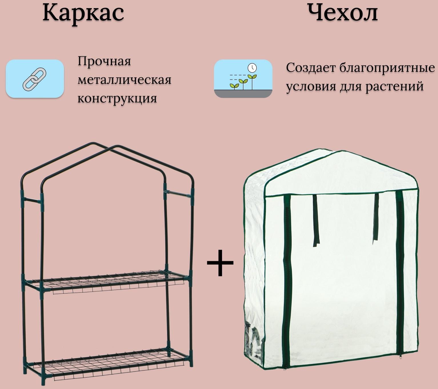 Парник-стеллаж, 2 полки, 93×22×69 см, металлический каркас d=12 мм, чехол плёнка 80 мкм, Greengo